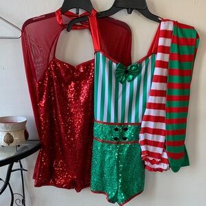 Two Festive Red and Green Sequin Leotards with two pairs tights